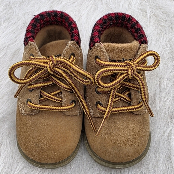 Gerber LaceUp Hiking Boots Tan Leather With Red And Black Checkered Ankle Size 4 - Picture 1 of 6